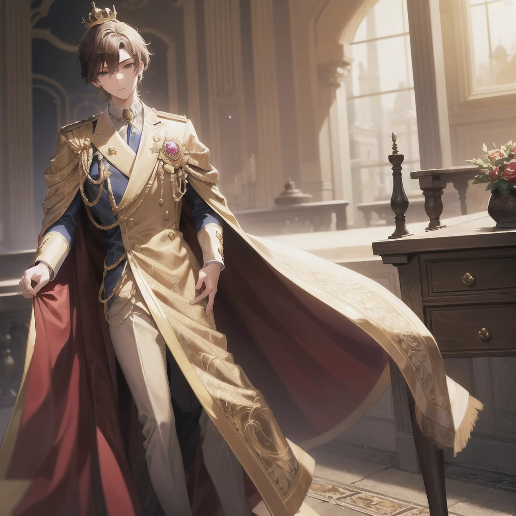 An extremely detailed and rich in details and gold embroidery male royal suit. The suit is navy blue with red details. The fancy and chic suit is detailed with diamonds, rubies, amethyst stones, fit for a prince. A prince outfit. The suit has a long cape. Along with the suit, there is a beautiful golden crown made of precious crystals. There are beautiful and refined high heeled boots.
(absurdres, highres, ultra detailed, HDR), masterpiece, best quality, portrait of a boy, handsome young prince in a castle, detailed background, prince charming, musical, portrait, ((1boy)), male focus, solo