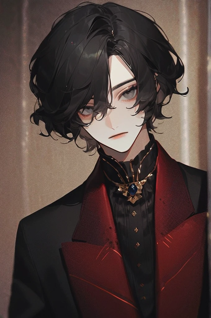 ((Лучшее качество)), ((шедевр)), (подробный), a guy with black hair and gray eyes in a black and scarlet suit