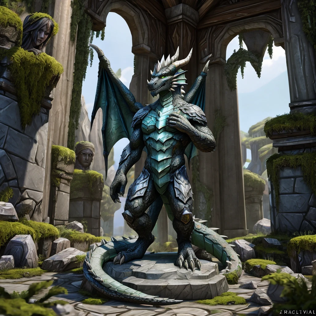 HD, World of Warcraft,Dracthyr,petrification,statue,stone statue,moss,crack,dragon,human like dragon,