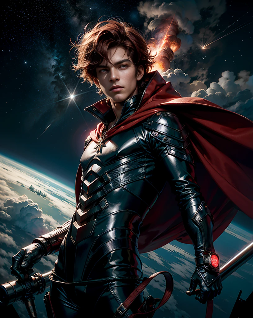 A man , sixpack , holdibg a trident, long hair in space (absurdres, highres, ultra detailed), masterpiece, best quality, a boy with in black outfit, red cape, wizard, solo, handsome, short hair, red hair, vibrant red eye, glowing eye, glow effect, finely eye, detailed face, red flame, spark, swirl, isolated land background, from below, look down, look at viewer, cowboy shot