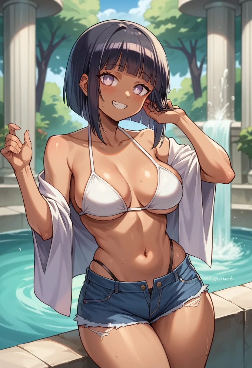 fountain_アニメ, hinatahyuuga Hinata Hyuuga Byakugan, indecent face, short black hair, bangss, thick-thighs, turned legs, big boobies, tanned skin with bikini lines, cowboy shot, blusa de frio cropped, denim shorts.