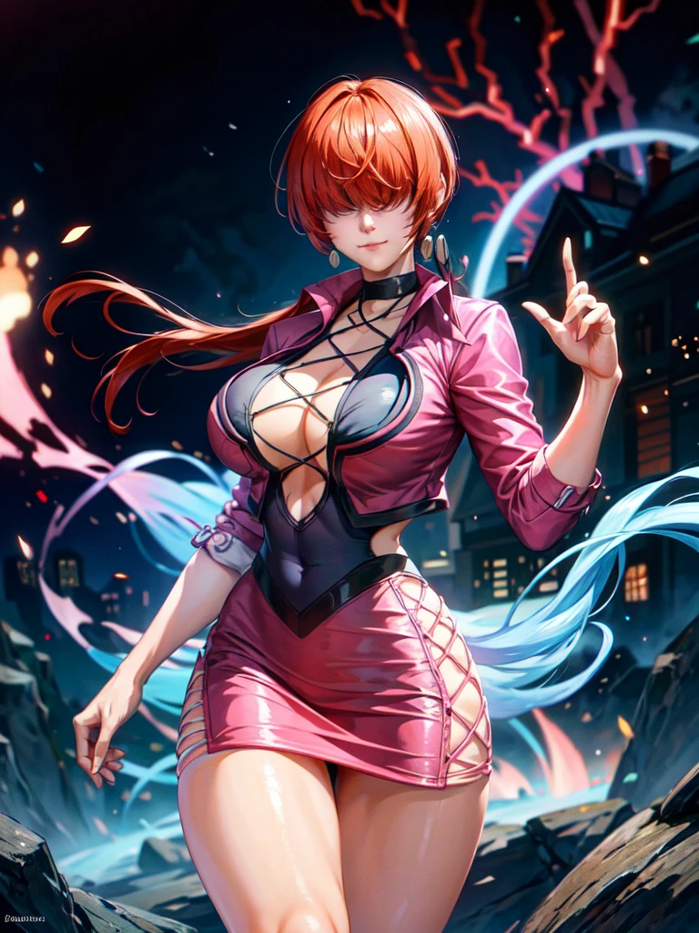 (at night), in a video game scene a blue background of moving circles, standing at attention, pink suit, pink jacket, choker, neckline, cut of clothing, earrings, has long bangs in her hair that covers her eyes ((hair over eyes)), 1 girl, 20 years old, young woman, beautiful finger, beautiful long legs, beautiful body, beautiful nose, beautiful character design, perfect face, looking at viewer with serious gesture, stands on a phone call with his cell phone in hand (focusing on his face), closed mouth, Light_Smile, official art, extremely detailed CG unity 8k wallpaper, perfect lighting, bright and colorful front lighting, glowing skin (masterpiece: 1.0), (best_quality: 1.0), ultra high resolution, 4K, ultra detailed photography, 8K, HDR, high resolution, absurd:1.2, Kodak portra 400, film grain, blurred background, bokeh:1.2, lens flare, (vibrant_color:1.2 ), professional photography, (Beautiful, breasts: 1.4), (beautiful_face: 1.5), (narrow waist),
