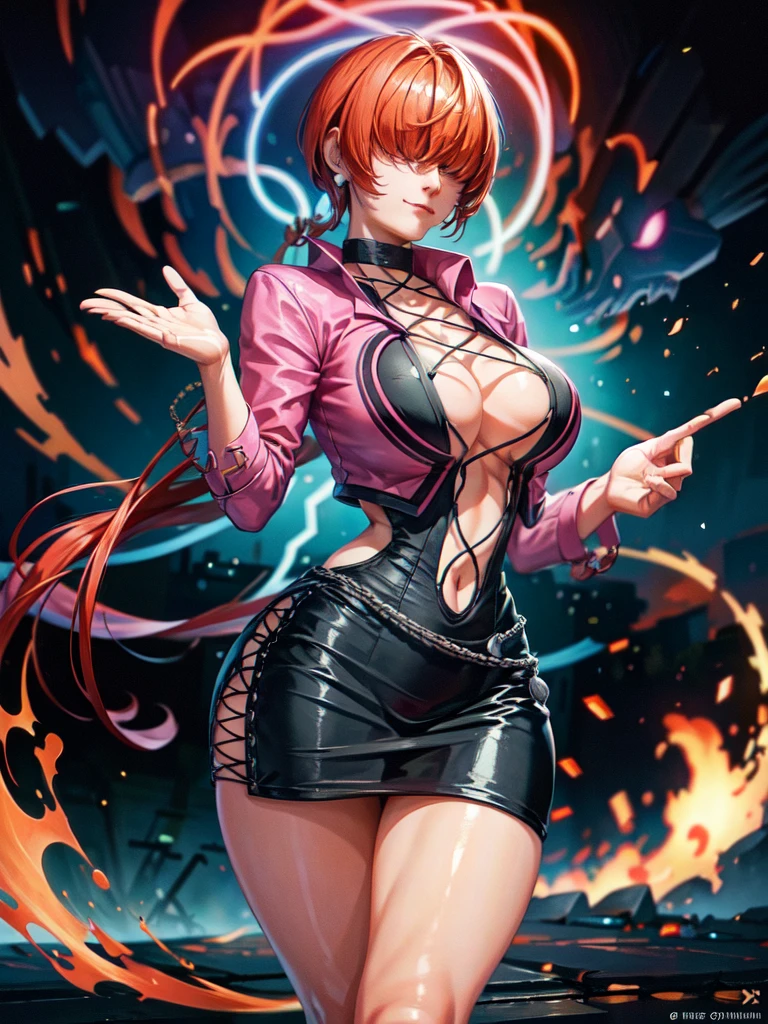 (at night), in a video game scene a blue background of moving circles, standing at attention, pink suit, pink jacket, choker, neckline, cut of clothing, earrings, has long bangs in her hair that covers her eyes ((hair over eyes)), 1 girl, 20 years old, young woman, beautiful finger, beautiful long legs, beautiful body, beautiful nose, beautiful character design, perfect face, looking at viewer with serious gesture, stands on a phone call with his cell phone in hand (focusing on his face), closed mouth, Light_Smile, official art, extremely detailed CG unity 8k wallpaper, perfect lighting, bright and colorful front lighting, glowing skin (masterpiece: 1.0), (best_quality: 1.0), ultra high resolution, 4K, ultra detailed photography, 8K, HDR, high resolution, absurd:1.2, Kodak portra 400, film grain, blurred background, bokeh:1.2, lens flare, (vibrant_color:1.2 ), professional photography, (Beautiful, breasts: 1.4), (beautiful_face: 1.5), (narrow waist),
