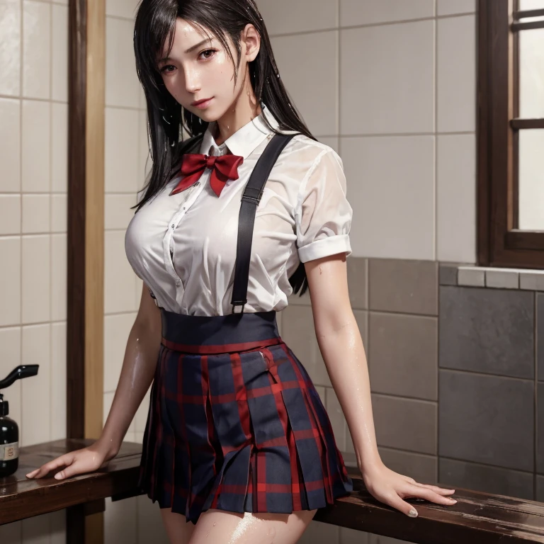 (masterpiece, best quality:1.2), in the bath , wet clothes, soaked, wet hair, wet skin, translucent, glistening with oil , dishevelled , solo, 1girl, school girl uniform , steam , plaid skirt , pleated skirt , The shirt is tight. , white shirt , school girl , red bow , red knot , highly detailed photo of Tifa Lockhart , red eyes, intricate, highres, 8k, detailed hair , wet and sweaty , wet white shirt , clothes were so wet that her could be seen.