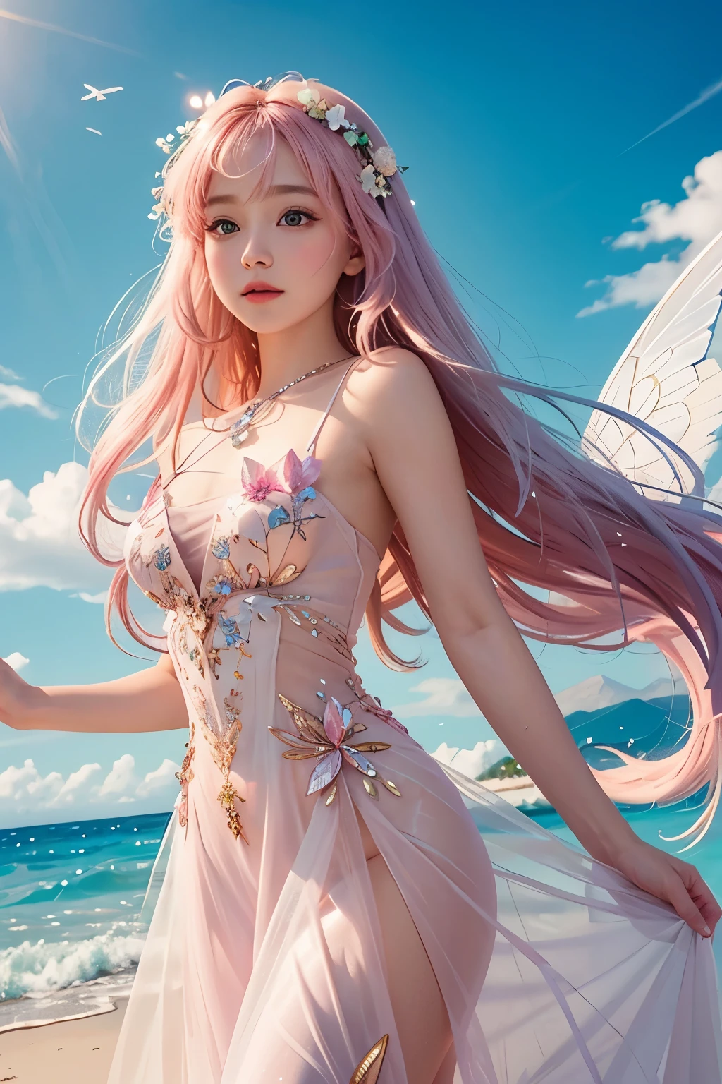 Hyper-realistic representation, showcasing an astounding level of detail in HD, centered to capture the essence of the subject perfectly. The image is smoothed out, ensuring a seamless and lifelike appearance, pushing the boundaries with a resolution of 16K. Employing the technique of linear perspective, the fairy with shimmering transparent wings becomes a captivating sight. Her wings emit a soft pink light, adding a mystical aura, while her long hair flutters and flows gracefully around her. Fragile yet alluring, her delicate features are complemented by a dress made entirely of colorful pearl-colored small leaves, which flow and sway with her movements.
