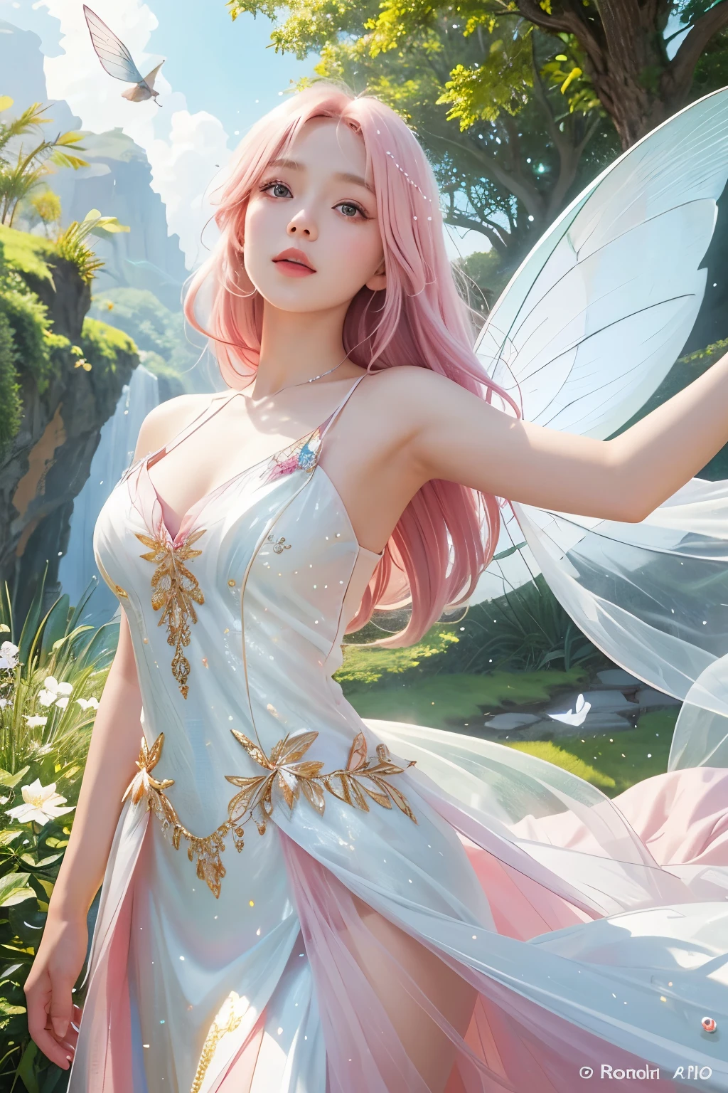 Hyper-realistic representation, showcasing an astounding level of detail in HD, centered to capture the essence of the subject perfectly. The image is smoothed out, ensuring a seamless and lifelike appearance, pushing the boundaries with a resolution of 16K. Employing the technique of linear perspective, the fairy with shimmering transparent wings becomes a captivating sight. Her wings emit a soft pink light, adding a mystical aura, while her long hair flutters and flows gracefully around her. Fragile yet alluring, her delicate features are complemented by a dress made entirely of colorful pearl-colored small leaves, which flow and sway with her movements.