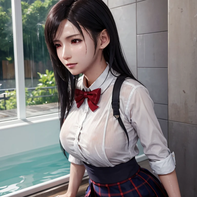 (masterpiece, best quality:1.2), in the bath , wet clothes, soaked, wet hair, wet skin, translucent, glistening with oil , dishevelled , solo, 1girl, school girl uniform , steam , plaid skirt , pleated skirt , The shirt is tight. , white shirt , school girl , red bow , red knot , highly detailed photo of Tifa Lockhart , red eyes, intricate, highres, 8k, detailed hair , wet and sweaty , wet white shirt , clothes were so wet that her breasts could be seen.