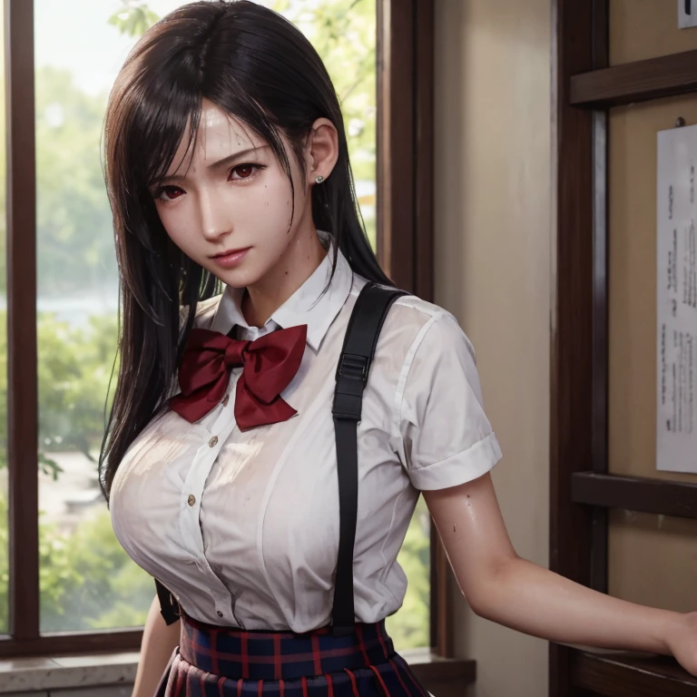 (masterpiece, best quality:1.2), in the bath , wet clothes, soaked, wet hair, wet skin, translucent, glistening with oil , dishevelled , solo, 1girl, school girl uniform , steam , plaid skirt , pleated skirt , The shirt is tight. , white shirt , school girl , red bow , red knot , highly detailed photo of Tifa Lockhart , red eyes, intricate, highres, 8k, detailed hair , wet and sweaty , wet white shirt , clothes were so wet that her breasts could be seen.