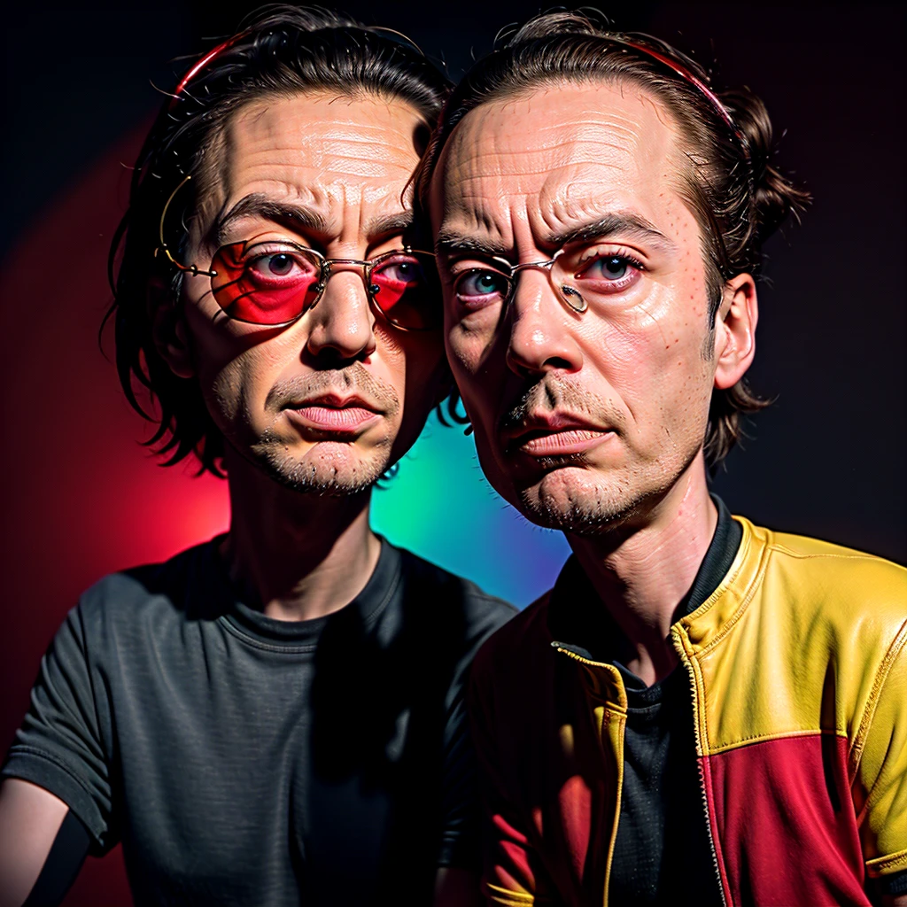 Create a cool-looking image of Rick and Morty. The background should be dark with shades of red, giving it a slightly ominous yet vibrant look. Rick and Morty should appear stylish and confident, embodying their adventurous and rebellious personalities.