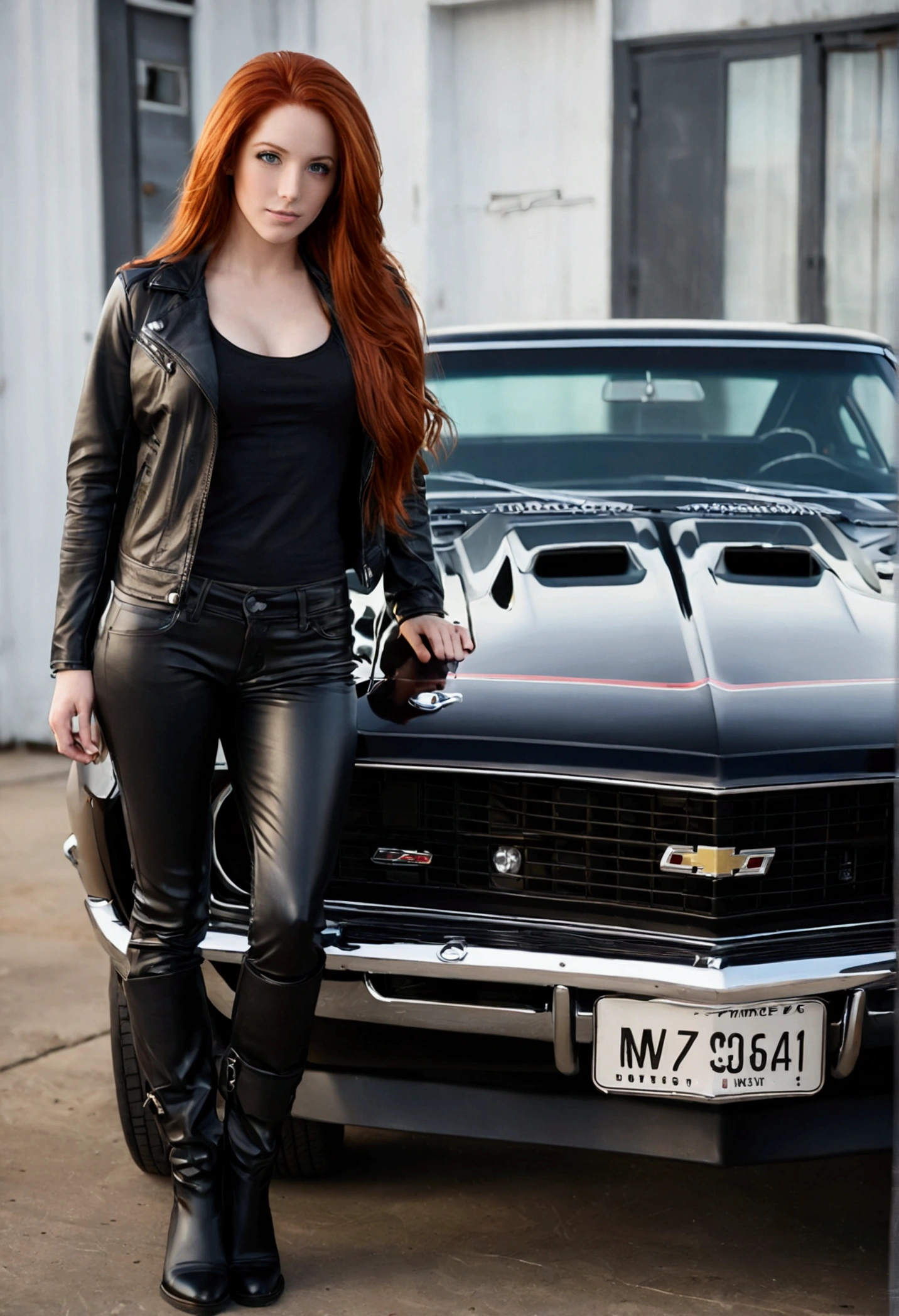 ultra realistic, photography, long red hair, girl, 24 years old, hourglass figure, perfect body, small breasts, Flirty look, extremely detailed artgerm, in the style artgerm, facing the camera, lens 35 mm, blur background, black chevrolet camaro SS 1968, leaning against car door, leather jacket, tight tshirt, leatherpants, leatherboots, focus on car