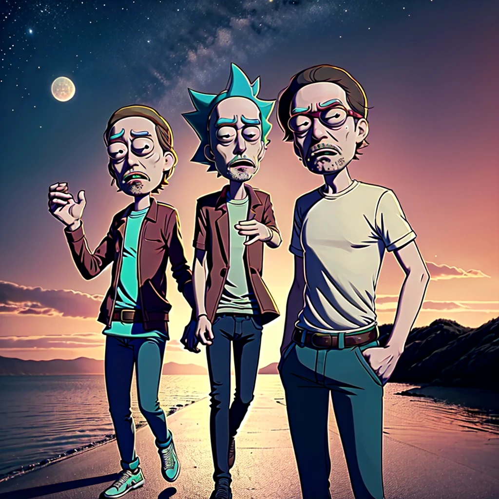 Create a cool-looking image of Rick and Morty. The background should be dark with shades of red, giving it a slightly ominous yet vibrant look. Rick and Morty should appear stylish and confident, embodying their adventurous and rebellious personalities, toon, anime style