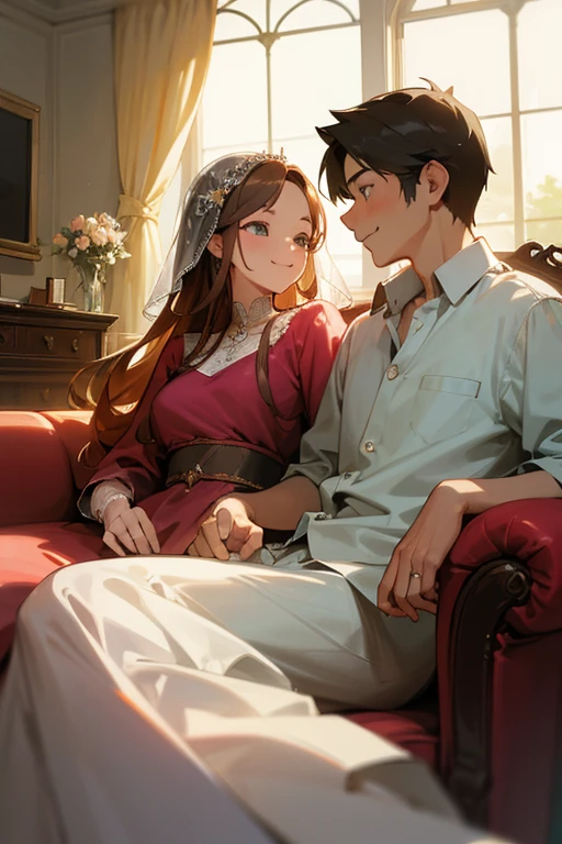masterpiece,best quality,super detailed,super fine illustration, highly detailed, dynamic angle, beautiful detailed, 8k, In the summer afternoon, in the living room, BREAK an elderly couple sits on the sofa, cuddling and smiling as they watch the TV screen. BREAK The TV screen shows a wedding video from their youth, displaying the younger couple with happy smile.