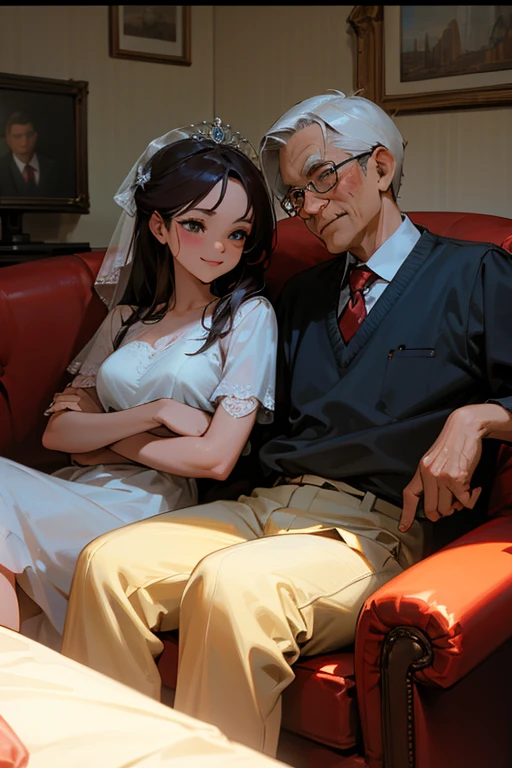 masterpiece,best quality,super detailed,super fine illustration, highly detailed, dynamic angle, beautiful detailed, 8k, In the summer afternoon, in the living room, BREAK an elderly couple sits on the sofa, cuddling and smiling as they watch the TV screen. BREAK The TV screen shows a wedding video from their youth, displaying the younger couple with happy smile.