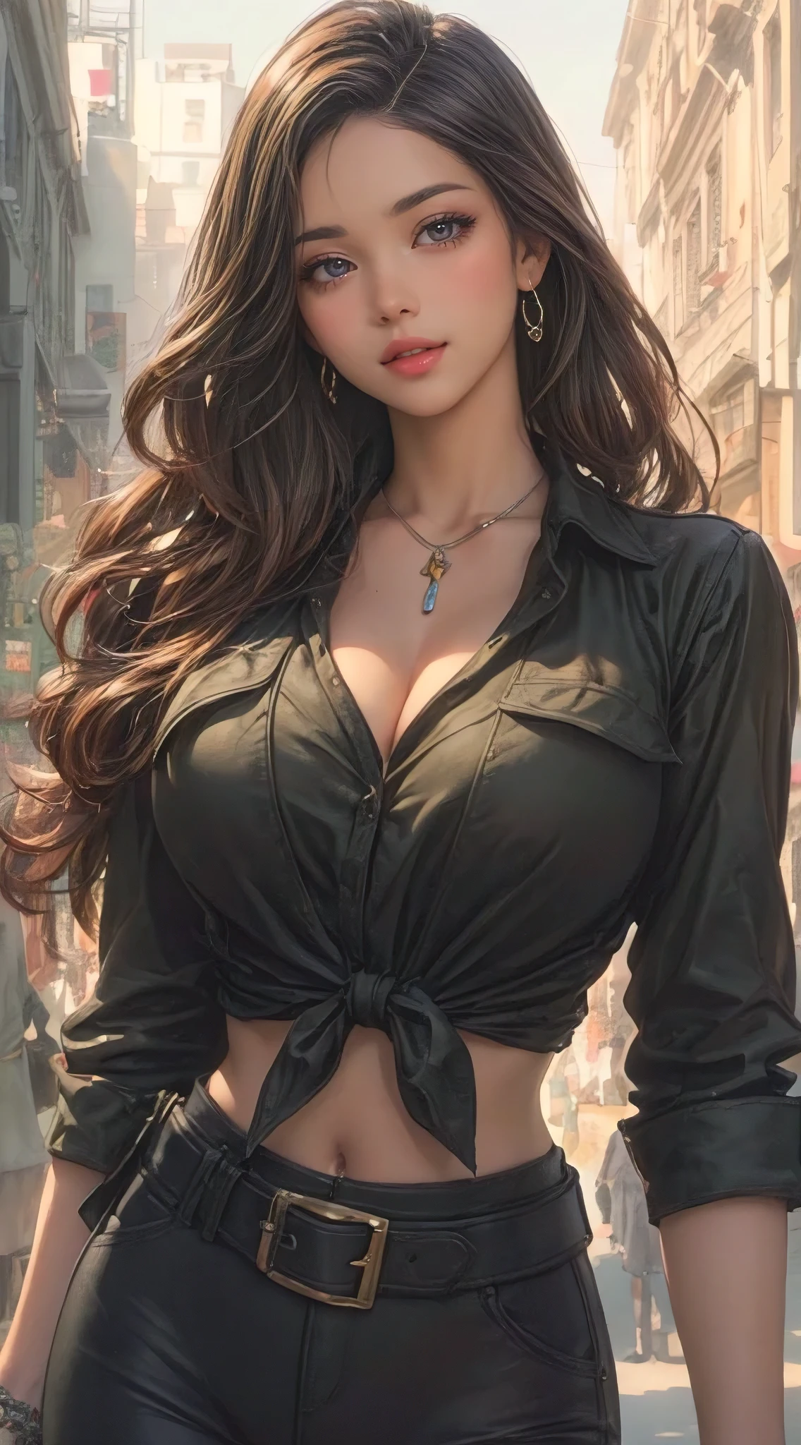 (best quality, ultra-detailed, photorealistic), best illustration, artgerm and norman rockwell, perfect body proportions, slim fit with generous curves, beautiful, confident, fashionable, stylish, big city, elaborate details, fantasy, vibrant, photorealistic