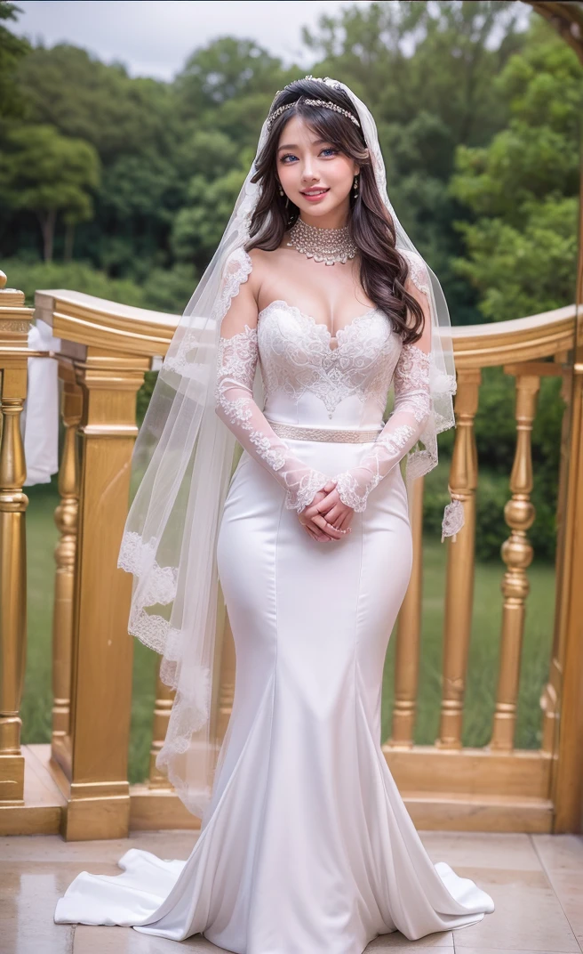 (High resolution photo, bust, 1 girl, 28 years old, woman, facial details, baby fat, waist accessories, smile, showing less teeth, white skin, upper body, wedding dress with veil, model pose, studio lighting)