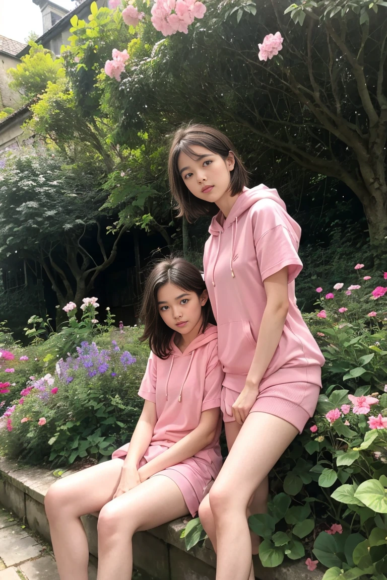 deux femmes ensemble de 18 ans sexy et mince , pink short sleeve hoodie , dans un jardin de fleur, se touche,position sey,sensuel