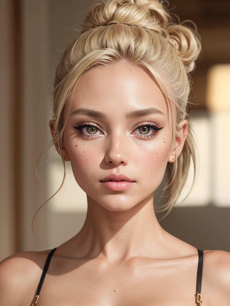 blonde, hairbun, tan, instagram model, face, close up, makeup, pinterest, glam, lip liner, eyeliner, glow, raw, UHD, retina, masterpiece, textured skin, super detail, high details, high quality, best quality, highres, HD, 4K, 8k, 16k, sharp