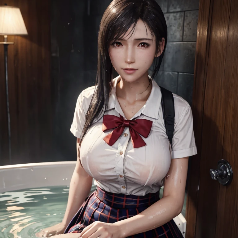 (masterpiece, best quality:1.2), in the bath , wet clothes, soaked, wet hair, wet skin, translucent, glistening with oil , dishevelled , solo, 1girl, school girl uniform , steam , plaid skirt , pleated skirt , The shirt is tight. , white shirt , school girl , red bow , red knot , highly detailed photo of Tifa Lockhart , red eyes, intricate, highres, 8k, detailed hair , wet and sweaty , wet white shirt , clothes were so wet that her breasts could be seen , Nipples can be seen through , Soak in water ,
