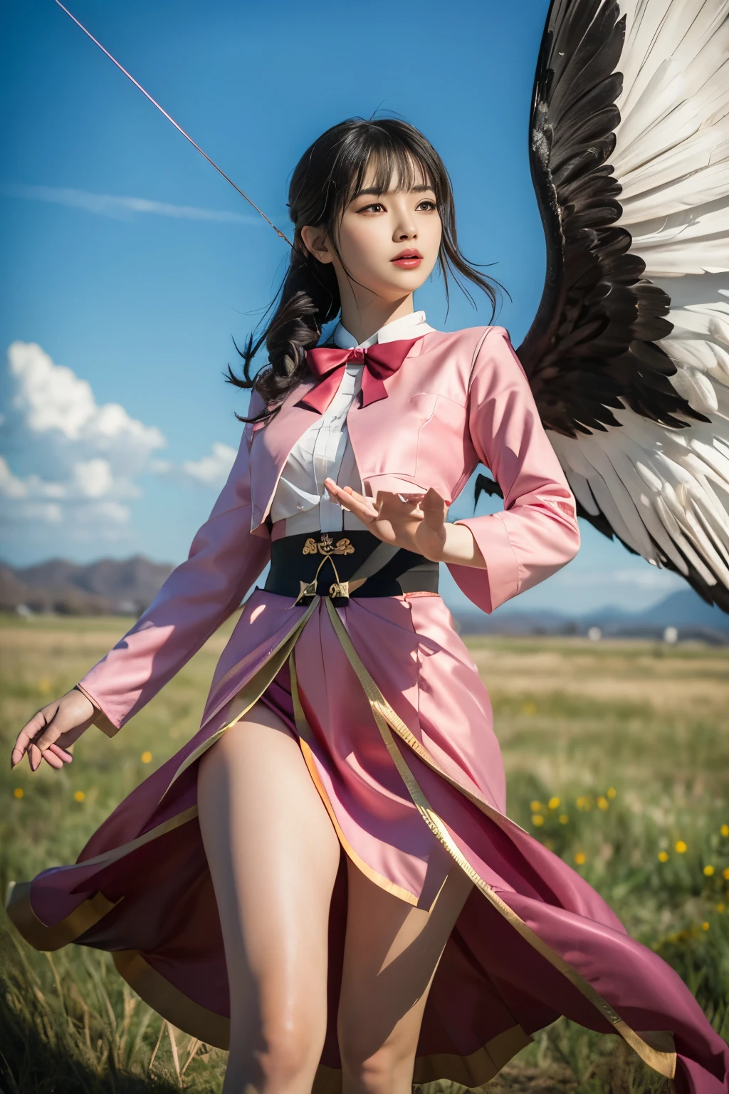 A beautiful Asian woman with black hair, takes a full body distance view as she soars through the sky, her large pink wings spreading out elegantly. She is poised and focused, aiming her bow and arrow with precision. The image captures the moment before release, the tension in her drawn bow, and the intensity in her determined gaze. The scene is in high resolution, offering a clear and detailed view of her features, her bow, and her colorful attire. The lighting adds a dramatic effect, with the sun casting long shadows and highlighting the sparkle in her eyes. The setting is surreal, with a backdrop of clouds and open sky, creating a dreamlike atmosphere. This image is a masterpiece,