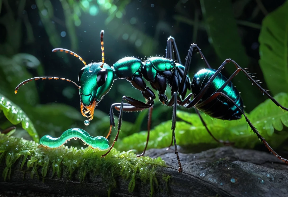 A giant ant with shimmering emerald mandibles tears apart a glowing bioluminescent worm in the night jungle, hyperrealism, 8k