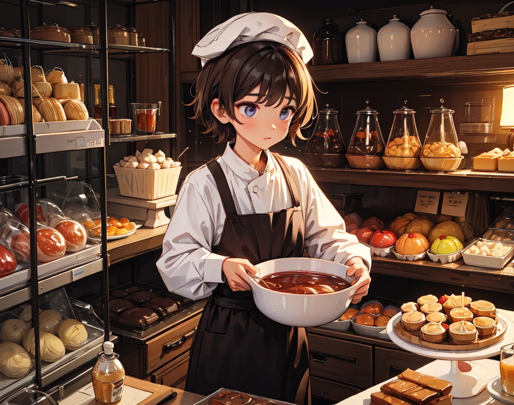 "Confectioner (boy) weighs the sweets properly, looking humbled."