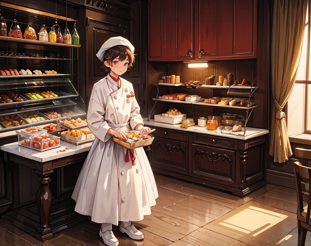 "Confectioner (boy) weighs the sweets properly, looking humbled."
