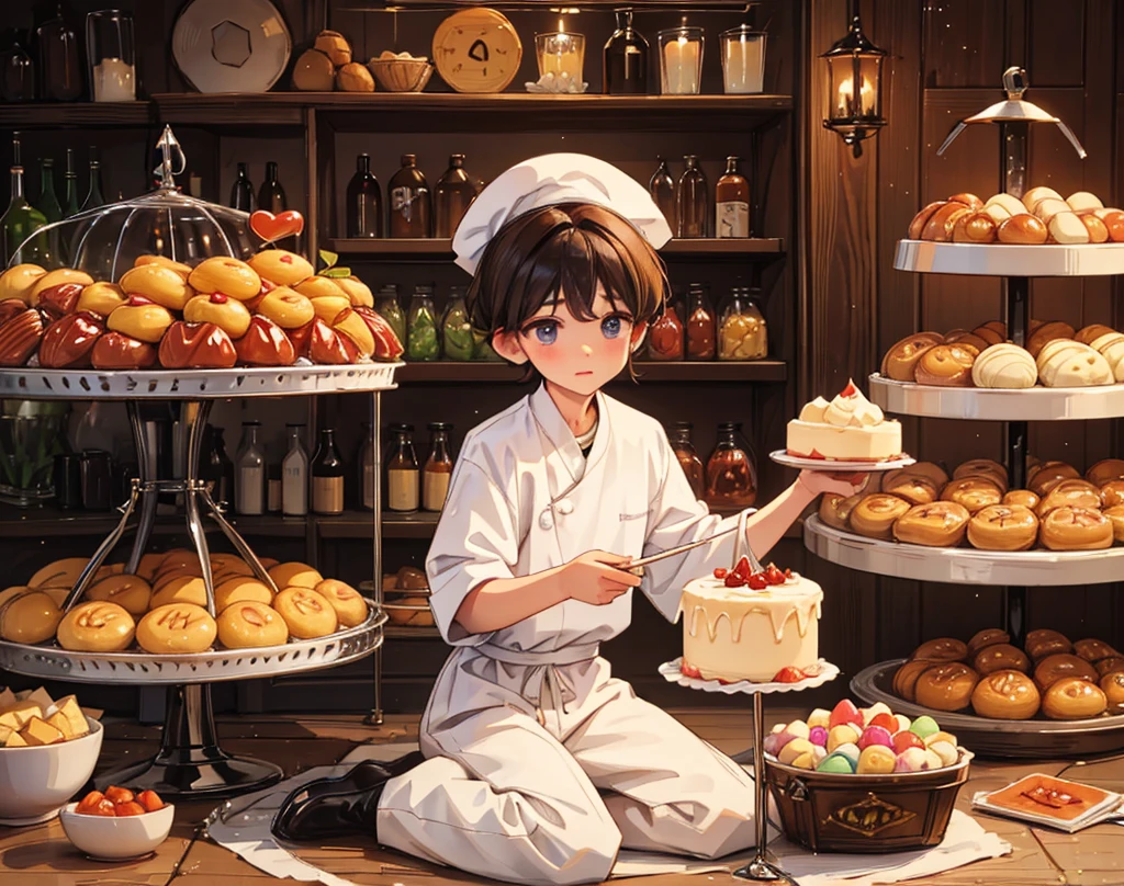 "Confectioner (boy) weighs the sweets properly, looking humbled."