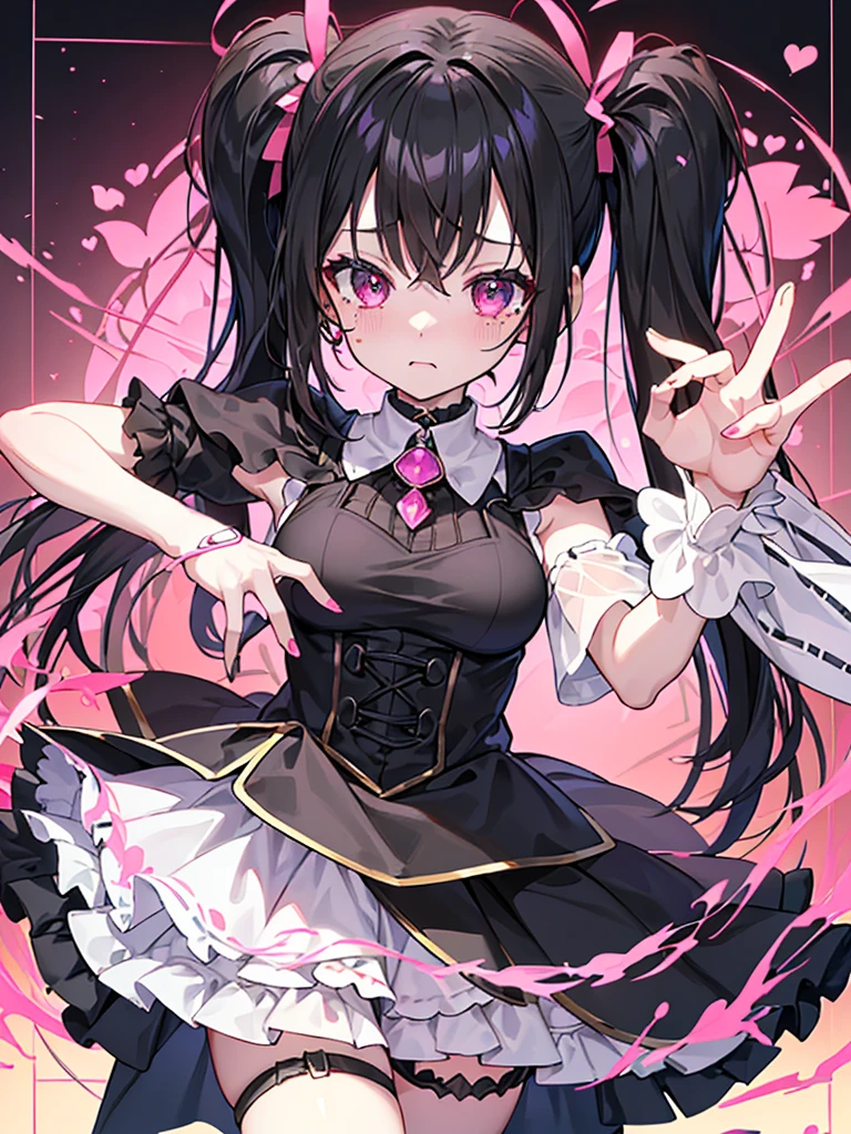 (Tabletop), (Highest quality), (8k)、Very detailed, female、Ruined Background(Black hair and pink 3:1),(Dark Eyes:1.4)Menhera、Mine system、Crying face、Wrist cutting、ひとりのfemale、Twin tails、Beautiful breasts、腕に切り傷