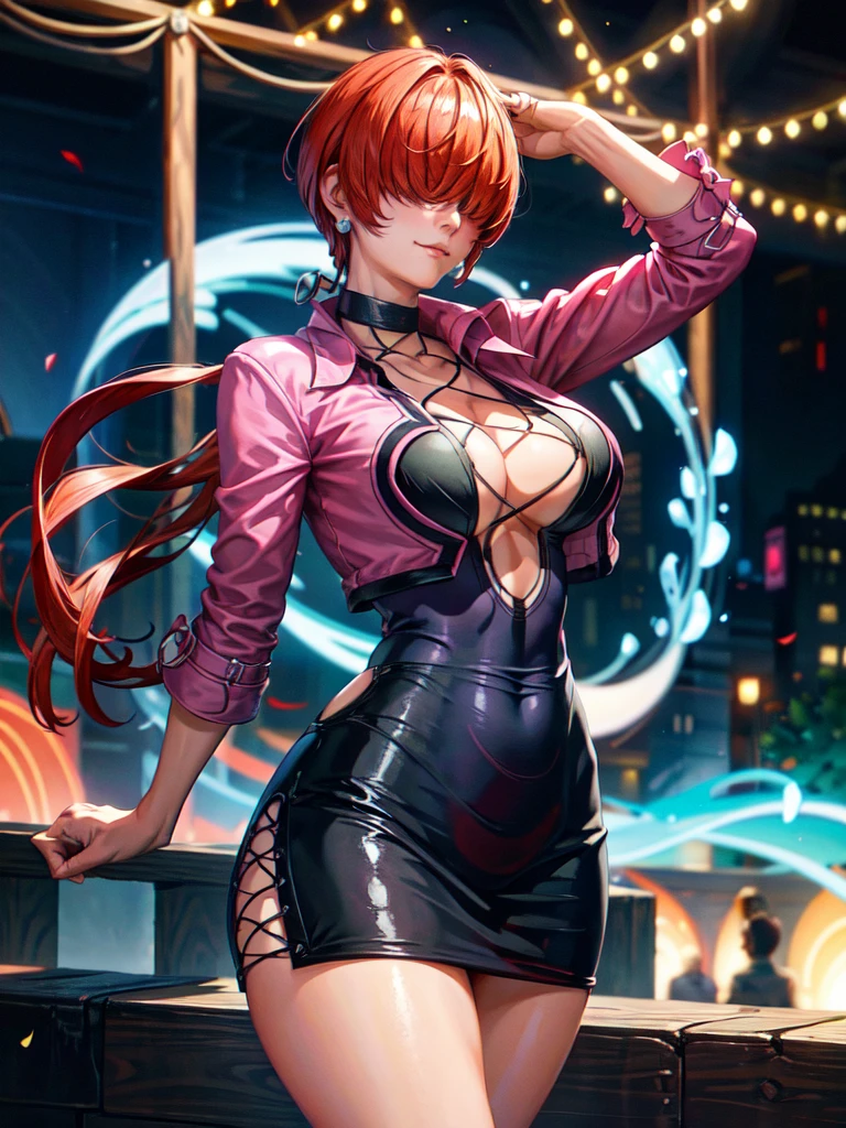 (at night), in a video game scene a blue background of moving circles, standing at attention, pink suit, pink jacket, choker, neckline, cut of clothing, earrings, has long bangs in her hair that covers her eyes ((hair over eyes)), 1 girl, 20 years old, young woman, beautiful fingers, beautiful long legs, beautiful body, beautiful nose, beautiful character design, perfect face, looking at viewer with serious gesture, stands on a phone call with his cell phone in hand (focusing on his face), closed mouth, Light_Smile, official art, extremely detailed CG unity 8k wallpaper, perfect lighting, bright and colorful front lighting, glowing skin (masterpiece: 1.0), (best_quality: 1.0), ultra high resolution, 4K, ultra detailed photography, 8K, HDR, high resolution, absurd:1.2, Kodak portra 400, film grain, blurred background, bokeh:1.2, lens flare, (vibrant_color:1.2 ), professional photography, (Beautiful, breasts: 1.4), (beautiful_face: 1.5), (narrow waist),