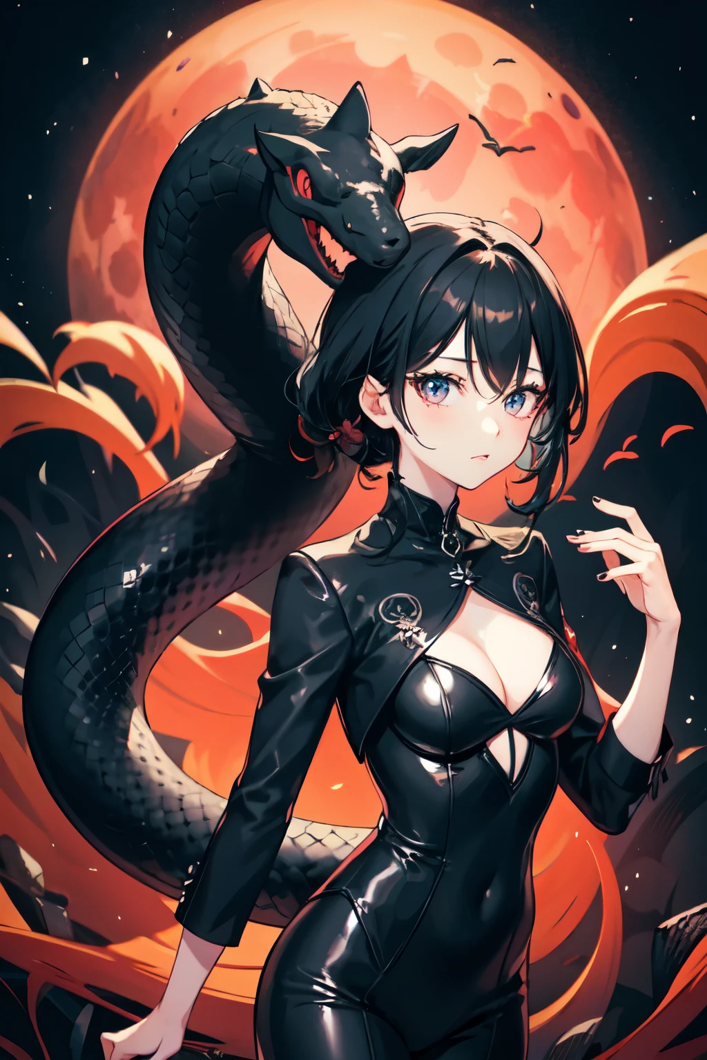 woman、Black suit、Odd Eye、Black Hair、Black snake behind、Red Moon