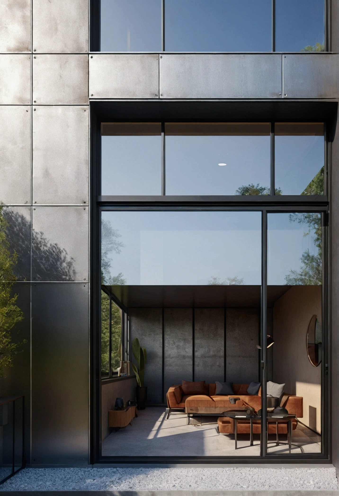 a close up of a building with a large glass door, a digital rendering by Kanbun Master, instagram, modernism, iron cladding, detailed image, metal cladding wall, wide angle exterior 2022, new modern, 3/4 profile, industrial space, seen from outside, centre image, detailed photo, architect studio, 2 5 6 x 2 5 6
