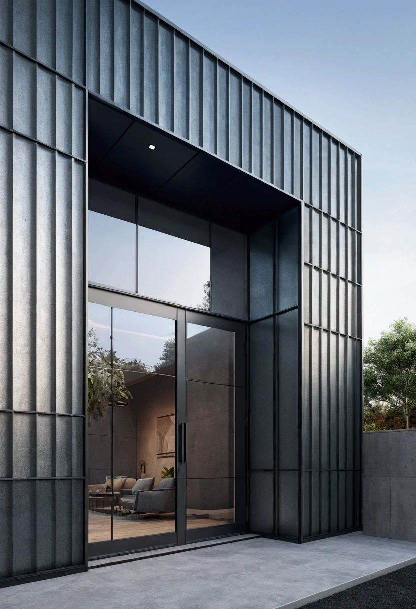 a close up of a building with a large glass door, a digital rendering by Kanbun Master, instagram, modernism, iron cladding, detailed image, metal cladding wall, wide angle exterior 2022, new modern, 3/4 profile, industrial space, seen from outside, centre image, detailed photo, architect studio, 2 5 6 x 2 5 6