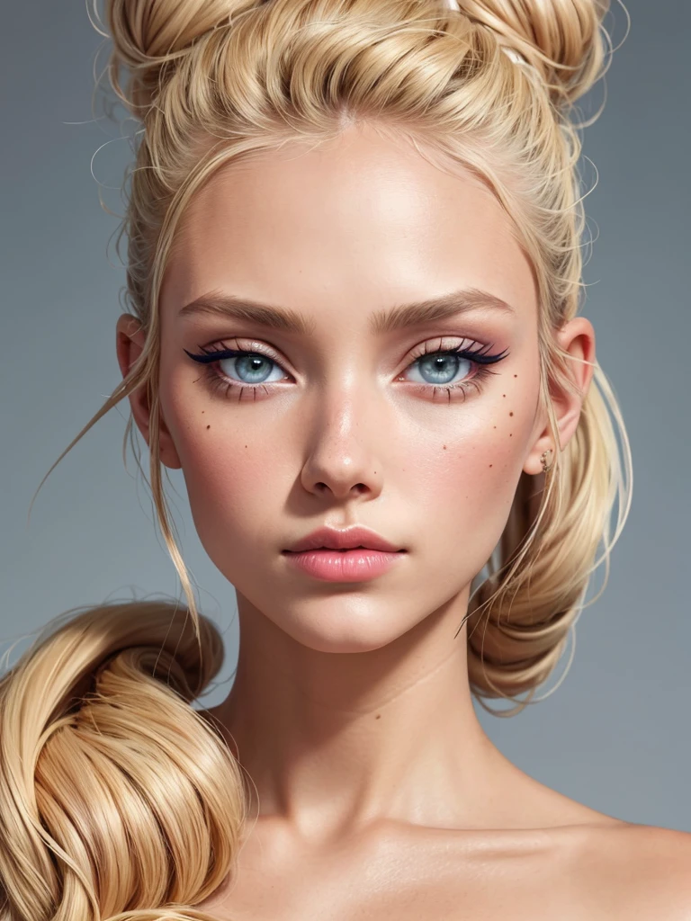 blonde, hairbun, tan, blue eyes, instagram model, face, close up, makeup, pinterest, glam, lip liner, eyeliner, glow, raw, UHD, retina, masterpiece, textured skin, super detail, high details, high quality, best quality, highres, HD, 4K, 8k, 16k, sharp