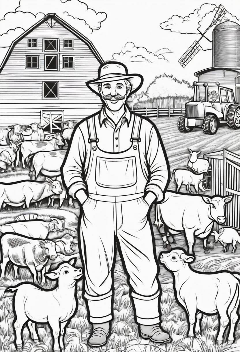 create front cover for Animal Farm Coloring Book with Friendly farmer with various farm animals and a barn in the background