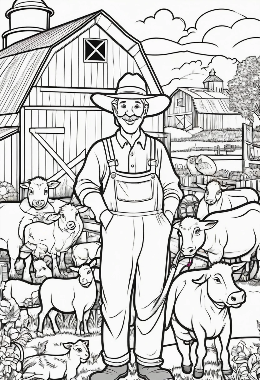 create front cover for Animal Farm Coloring Book with Friendly farmer with various farm animals and a barn in the background