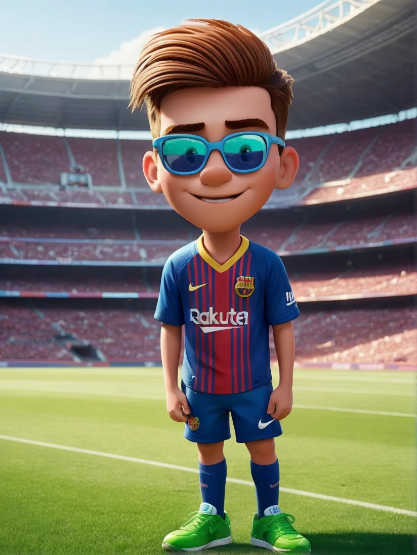 Disney pixar 3D caricature character with big head, (long oval head shape), age man posing inside the field, wearing a barcelona jersey, green nike shoes, inside the stadium field