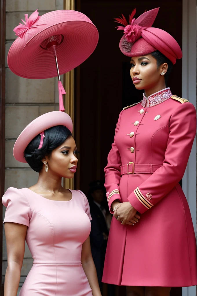 Nicki minaj in knee legnth dress with pink Fascinator with short hairdo next to one British royal guard with bucket hat red uniform