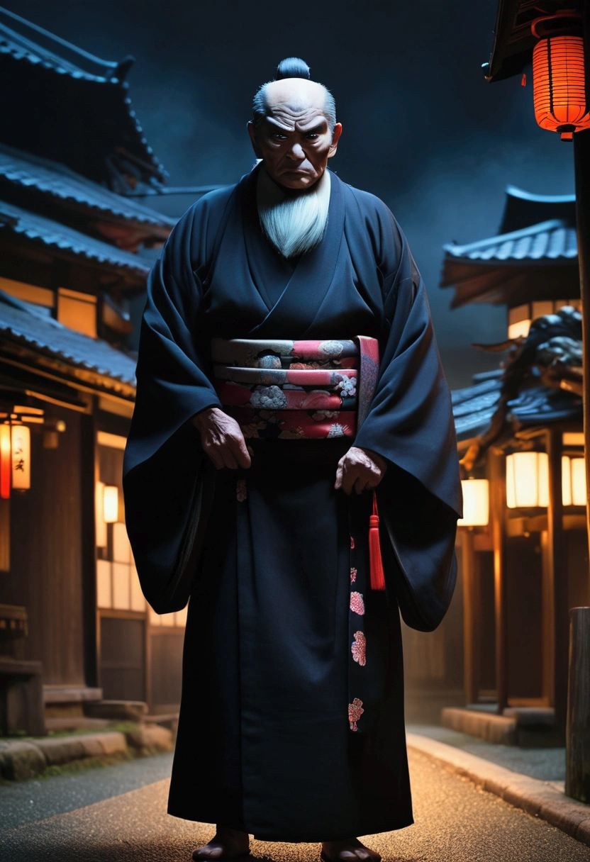 Old-fashioned Japanese town、Night Background、Horror-themed movie stills,、spooky、short、An old man with a big head wearing black kimono、The eyes are narrow、Arms crossed