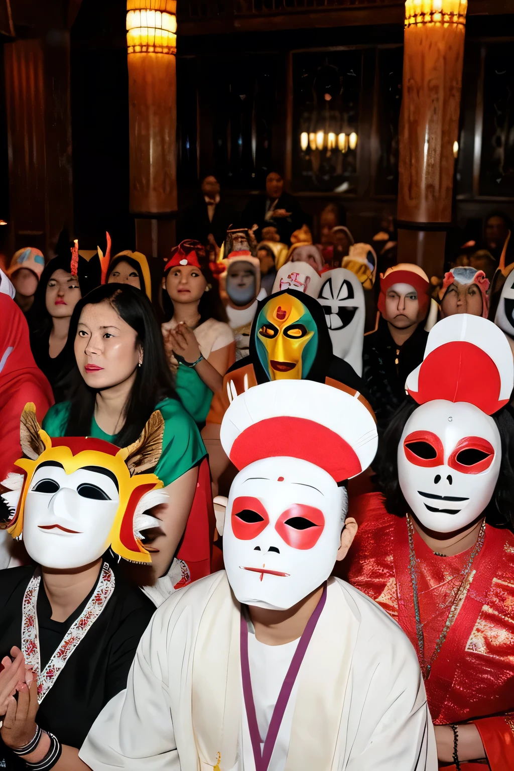 Religious group wearing strange masks, during a ritual.