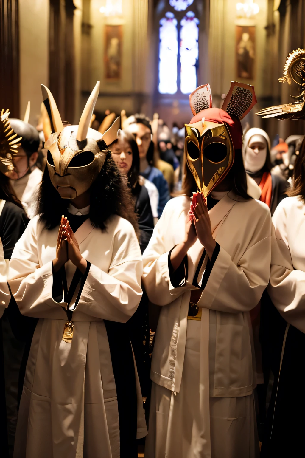 Religious group wearing strange masks, during a ritual.