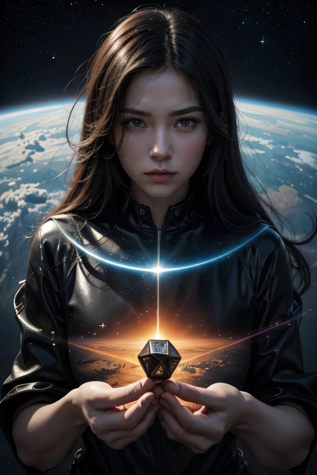 Two ancient black dice are dropped over our planet in dynamic flight. Double exposure. Hyper-Realism. hiperdetalização. melancholy. Dramatic. 32 mil., Outer space, Vanishing Point, Super Highway, high speed, digital rendering, digitalpainting, beetle, Noah Bradley, Cirilo Roland, ross tran, trends on ArtStation, ultra HD, shiny colors, high détail, UHD pen and ink, perfect composition, Intricate, high qualiy, work of art. best qualityer,, super detaill