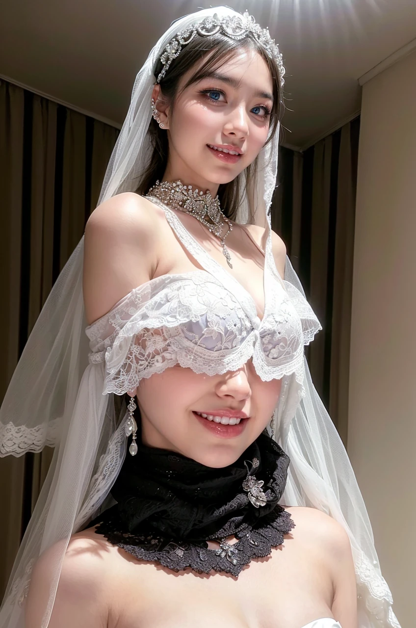 (High resolution photo, bust, 1 girl, 28 years old, woman, facial details, baby fat, waist accessories, smile, showing less teeth, white skin, upper body, wedding dress with veil, model pose, studio lighting)