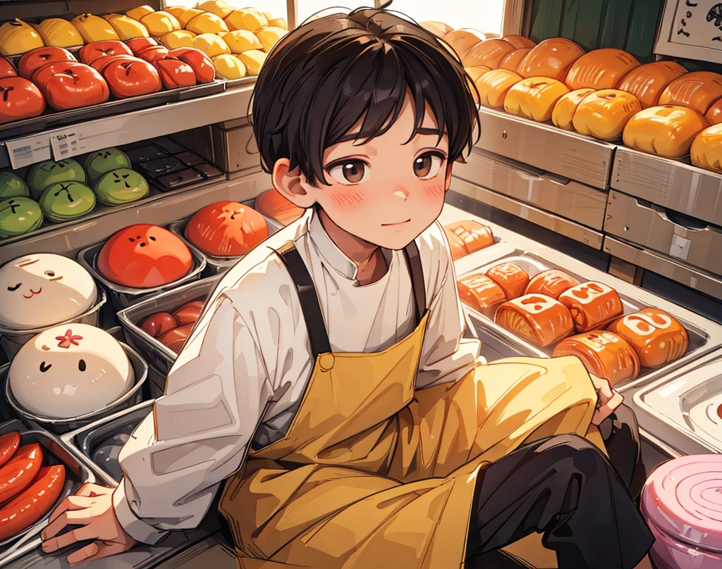 "Villager(boy) pays the full amount for the properly weighed sweets, looking satisfied."