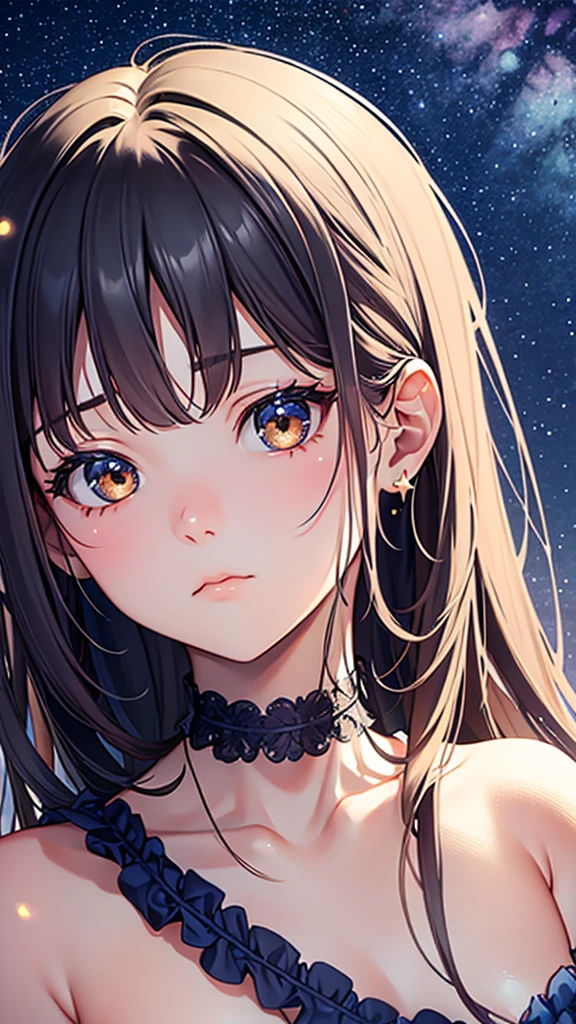 17 years old、beautiful girl、Expressionless、face closeup、Starry Sky