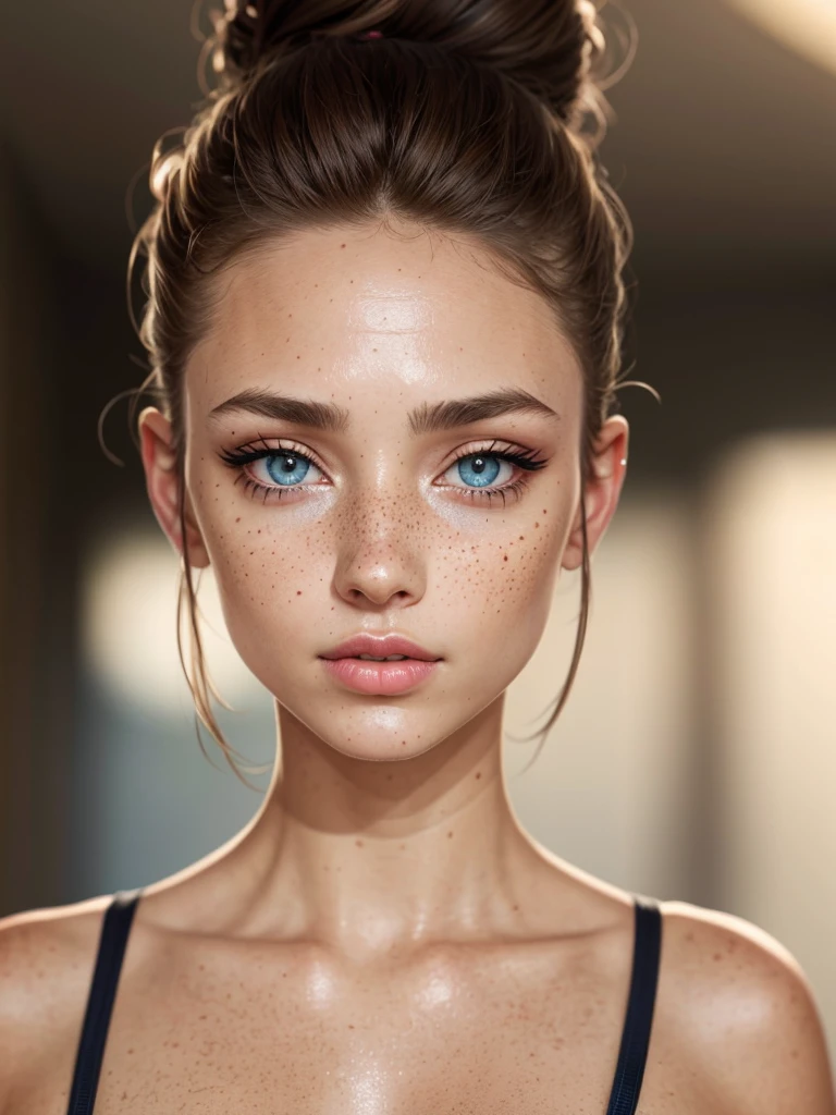 brunette, hairbun, tan, blue eyes, freckles, instagram model, face, close up, makeup, pinterest, glam, lip liner, eyeliner, glow, raw, UHD, retina, masterpiece, textured skin, super detail, high details, high quality, best quality, highres, HD, 4K, 8k, 16k, sharp