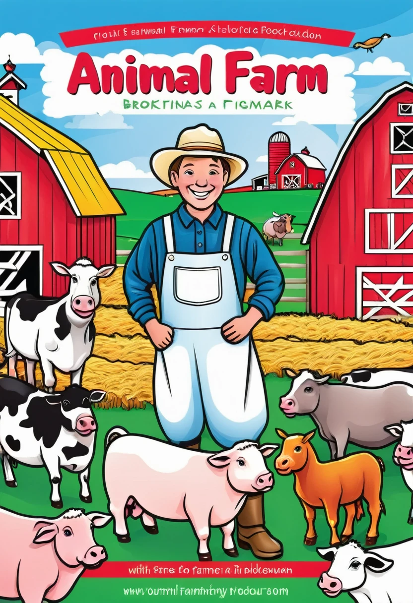 create coloured front cover for Animal Farm Coloring Book with Friendly farmer with various farm animals and a barn in the background