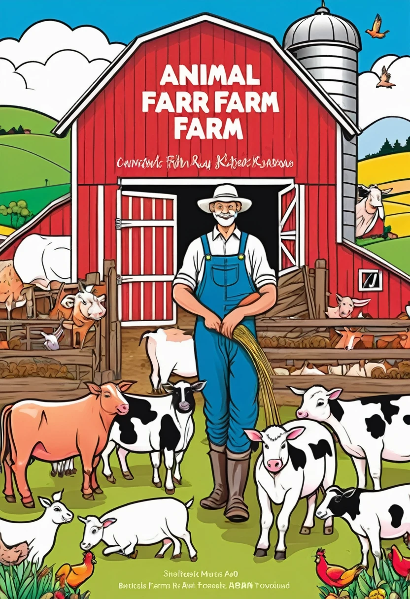 create coloured front cover for Animal Farm Coloring Book with Friendly farmer with various farm animals and a barn in the background