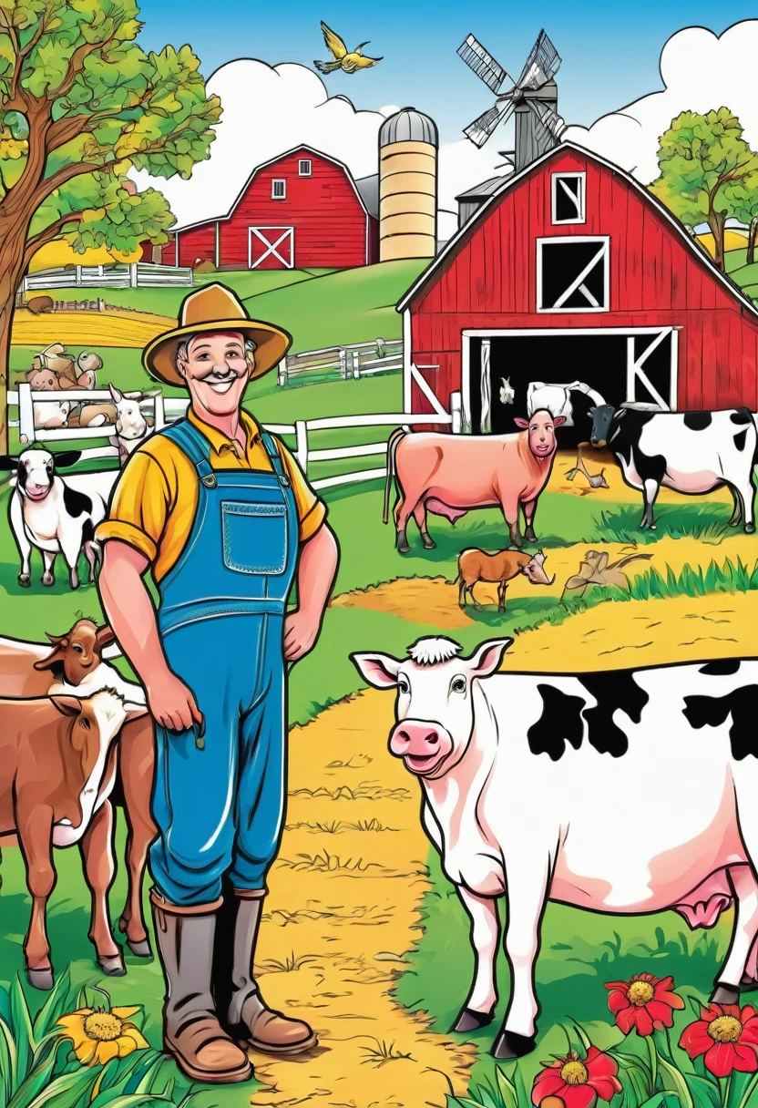 create coloured front cover for Animal Farm Coloring Book with Friendly farmer with various farm animals and a barn in the background