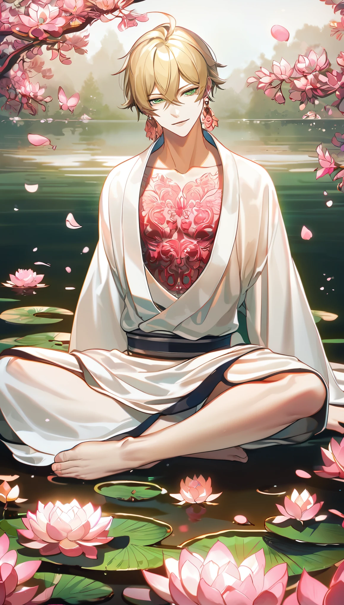 (absurd, highres, ultra detailed, HDR), masterpiece, best quality, perfect face, fine features, bright green eyes, solo, male, handsome, Taishakuten, ash blonde hair, hair between eyes, white tunic, chest, lotus earrings, onmyoji , pink petals, pink butterflies, sitting on the shore of a lake, looking at the water, full body image, perfect anatomy, athletic,