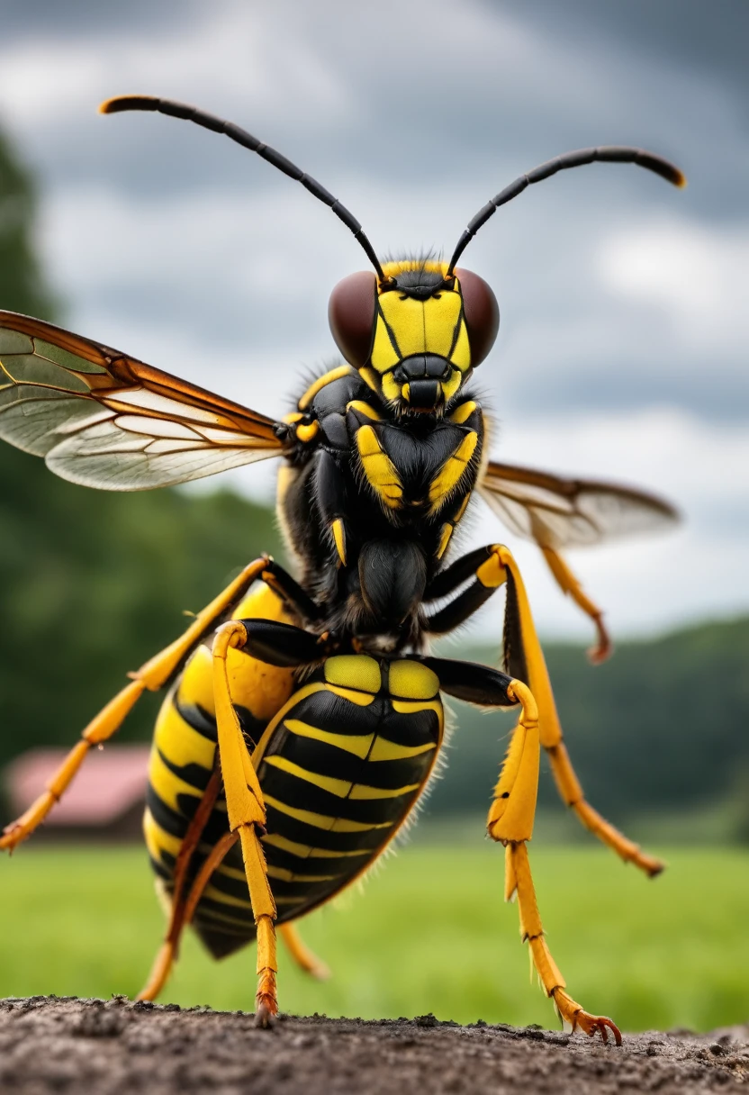 a mad looking male tall wasp standing on a farm